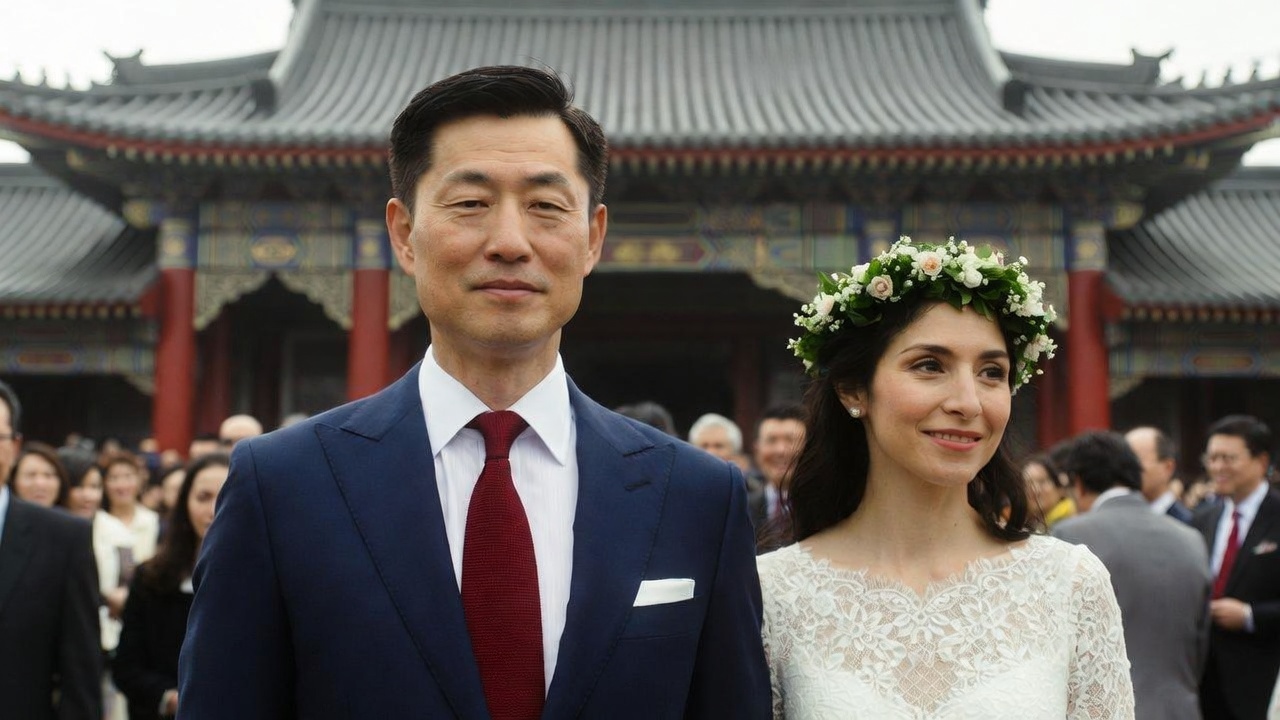 Distinguished Asian man in navy suit with red tie standing beside elegant woman wearing a delicate flower crown and lace wedding dress in front of a traditional Chinese temple