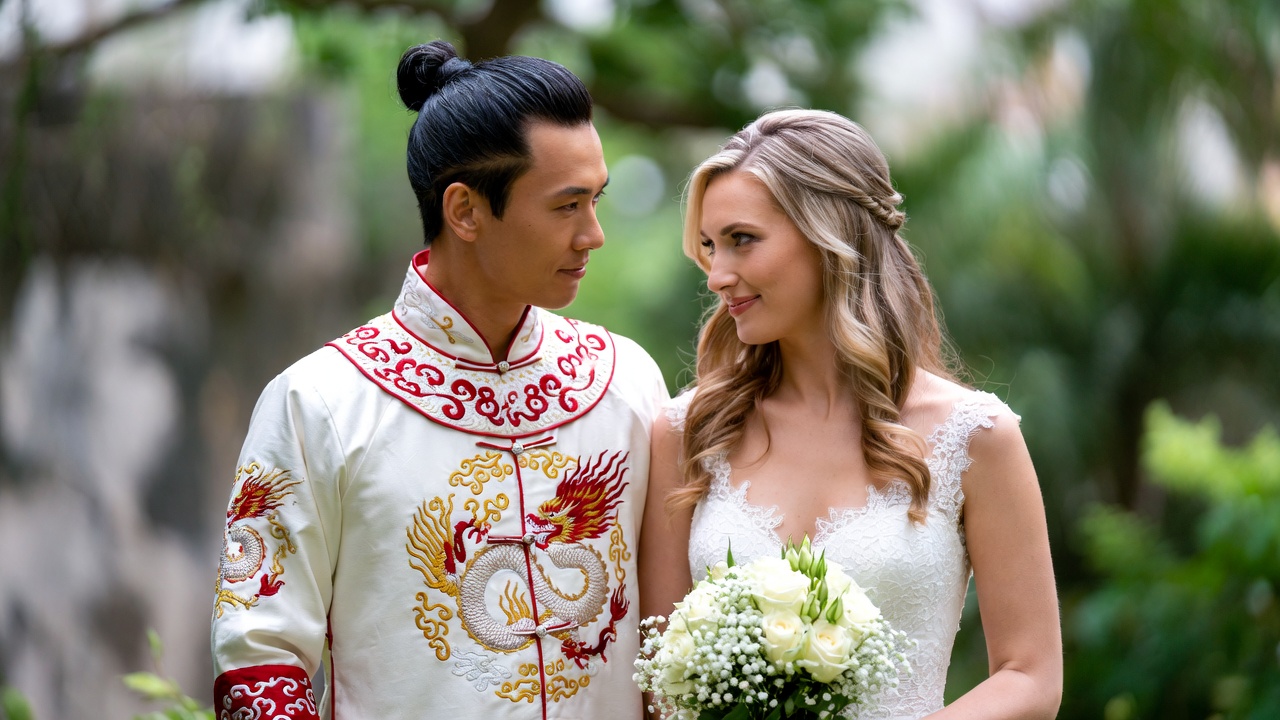 Elegant couple in traditional Chinese wedding attire at a serene outdoor setting, symbolizing a union built on cultural respect and legal protection