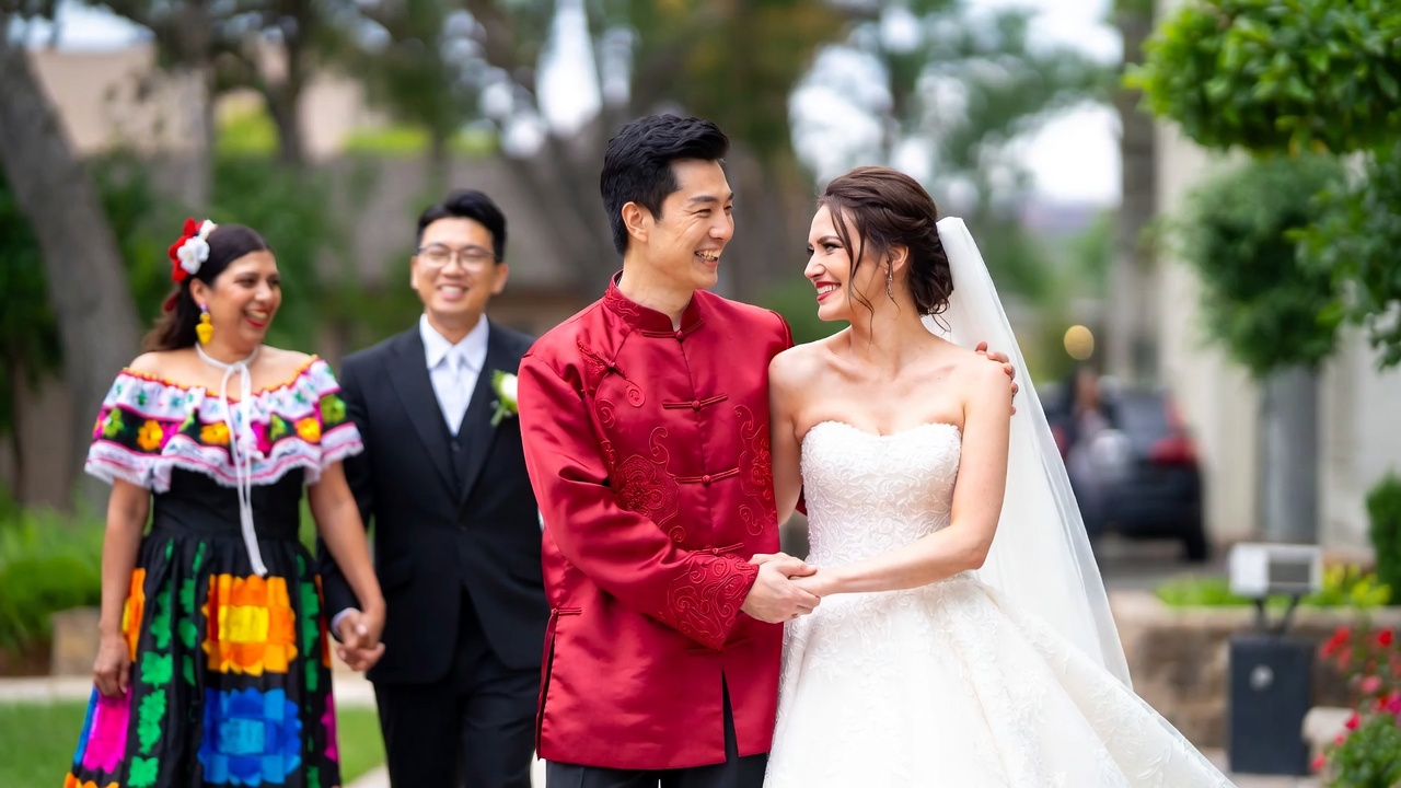 Smiling Asian man in red traditional Chinese wedding jacket holding hands with a radiant bride in strapless white lace gown and veil, with diverse wedding guests in background