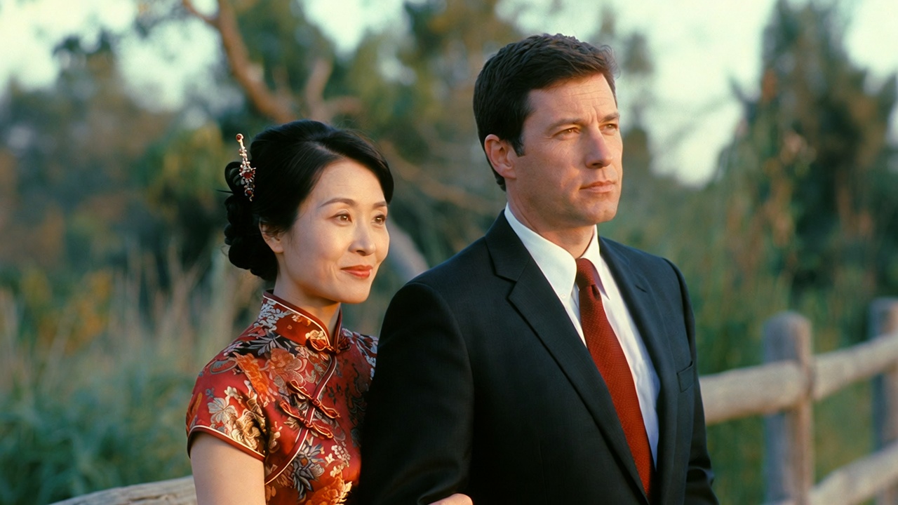 Asian woman in vibrant red and gold traditional qipao standing beside a serious-looking Caucasian man in a black suit and red tie outdoors at dusk